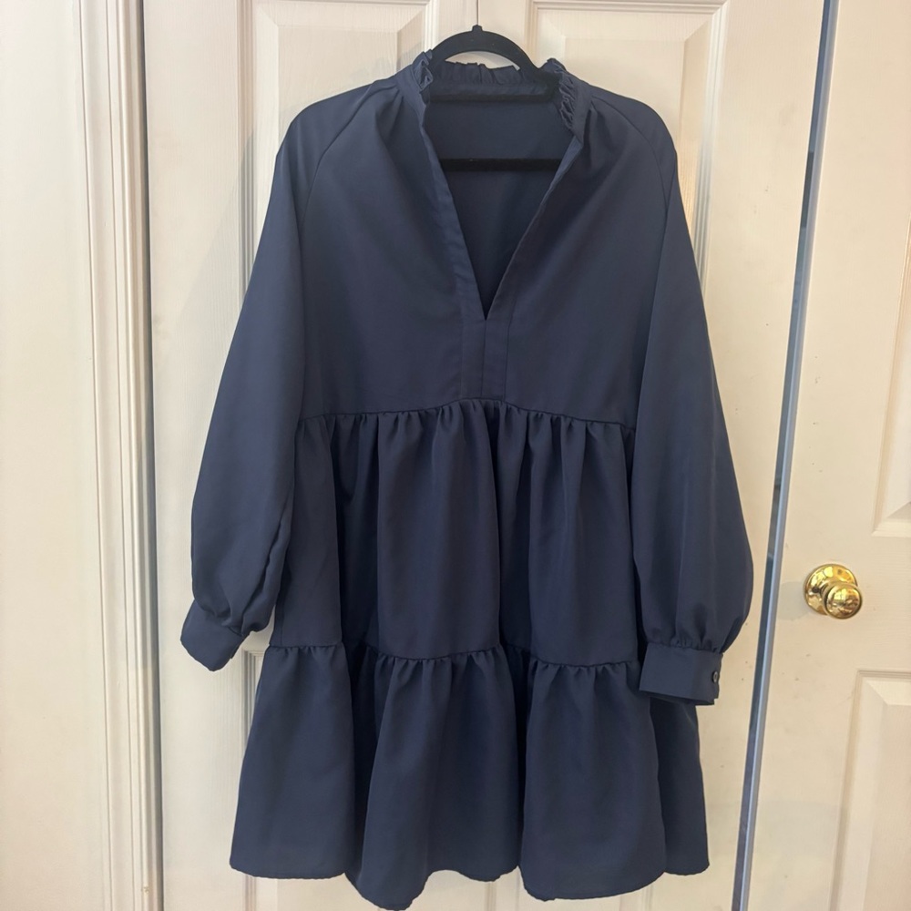 Navy Tiered Long Sleeve Dress Mini cuffs GORGEOUS Size L